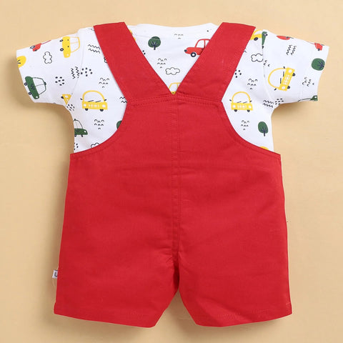 Red Romper With Car Printed T-Shirt