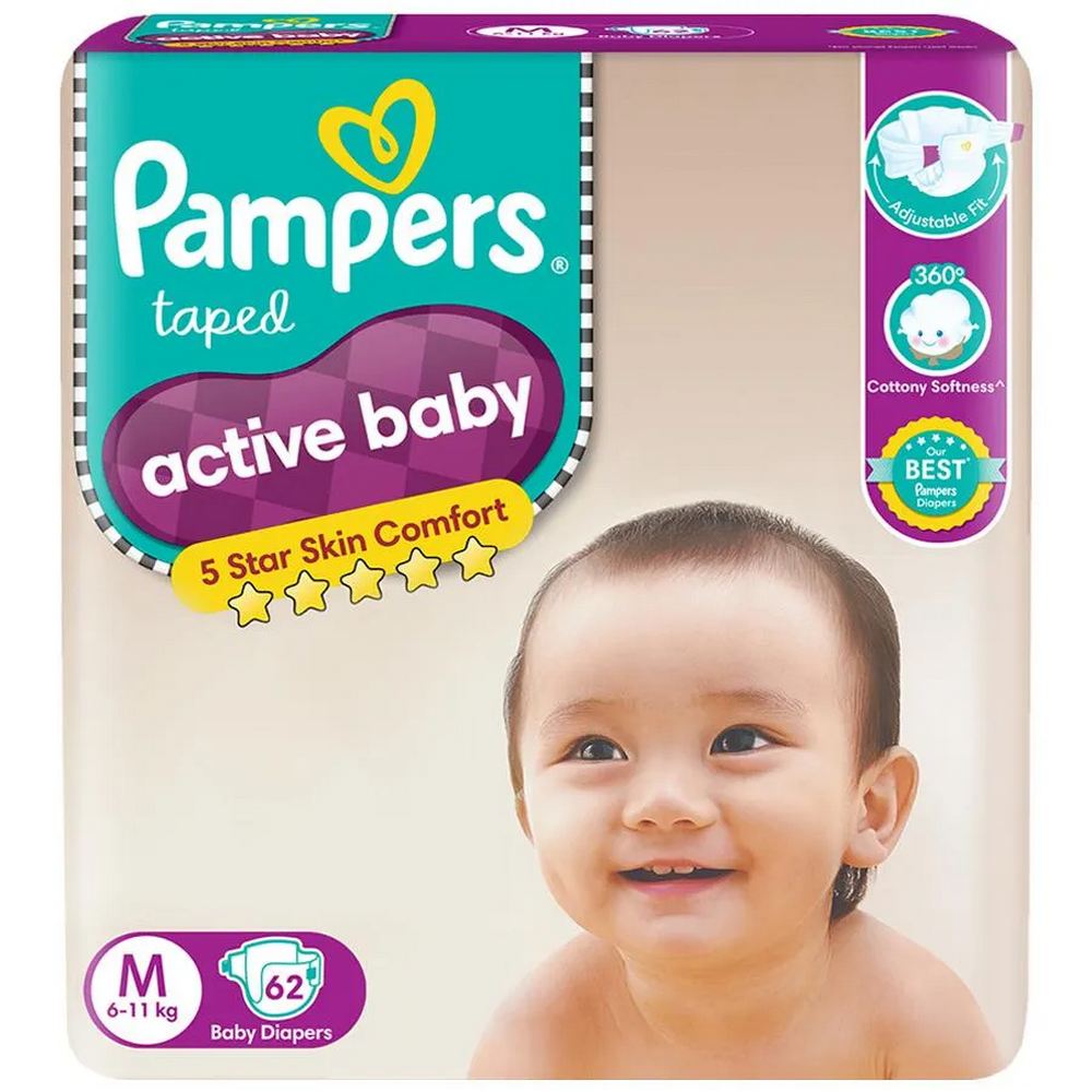 Medium Size Pampers Active Baby Diapers - 62 Pieces (6-11kg)