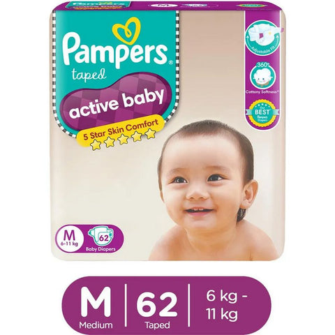 Medium Size Pampers Active Baby Diapers - 62 Pieces (6-11kg)