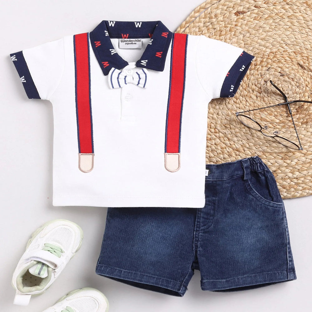 White Half Sleeves T-Shirt With Denim Shorts