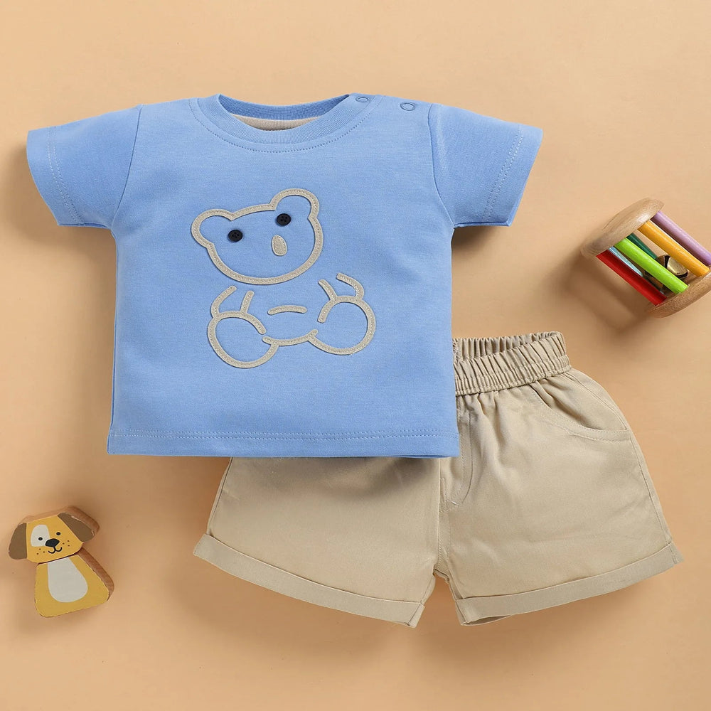 Blue Bear T-Shirt With Beige Shorts