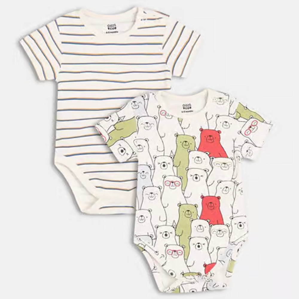 White Cotton Printed Onesie - Pack Of 2