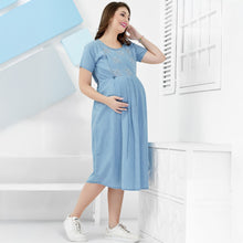 Load image into Gallery viewer, Blue Pleated Nursing Maternity Denim Dress
