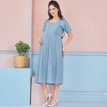 Load image into Gallery viewer, Blue Pleated Denim Nursing Maternity Dress
