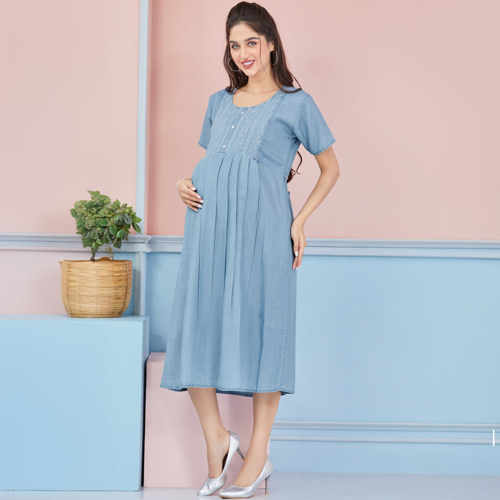 Blue Pleated Denim Nursing Maternity Dress