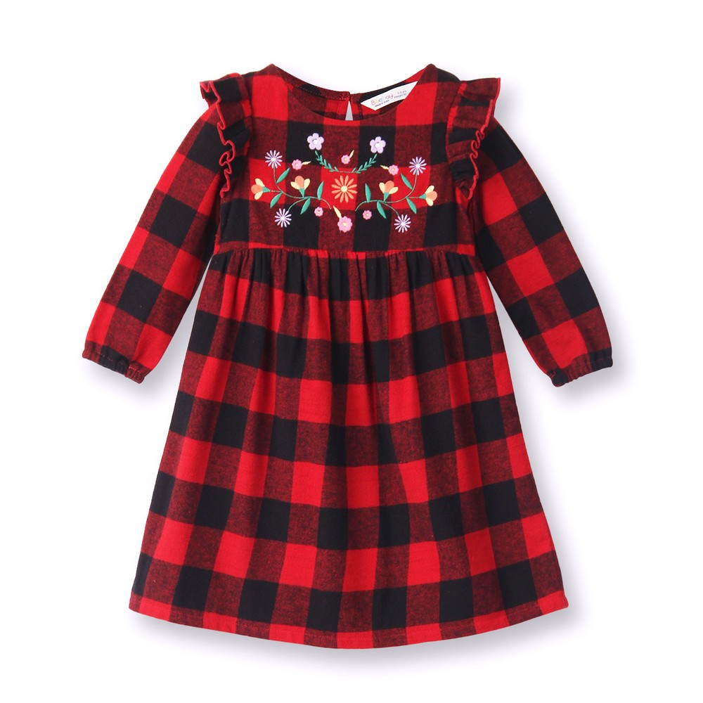 Red Embroidered Plaid Checked Dress