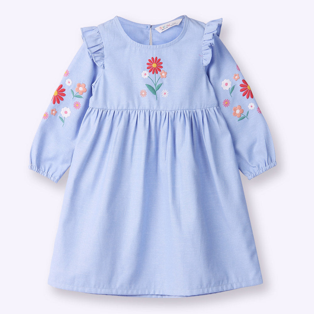 Blue Embroidered Chambray Dress