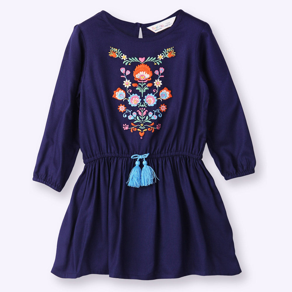 Blue Floral Embroidered Viscose Dress