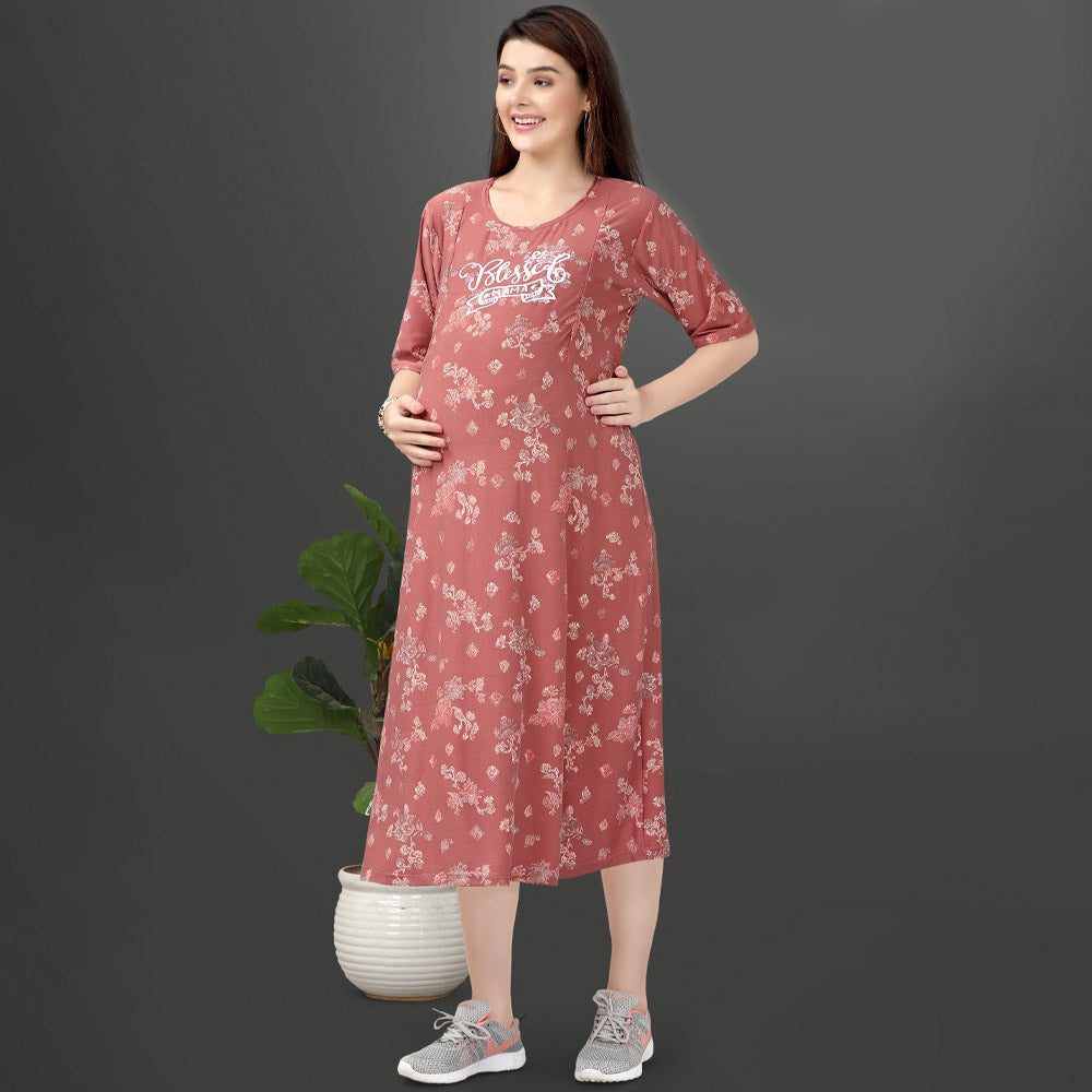 Rust Floral Printed Nursing Maternity Dress