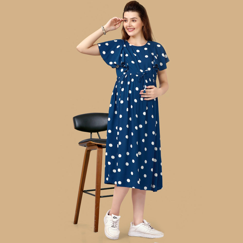 Blue Polka Dots Printed Gathered Waist Nursing Maternity Dress
