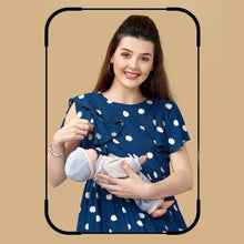 Load image into Gallery viewer, Blue Polka Dots Printed Gathered Waist Nursing Maternity Dress
