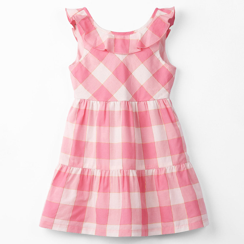 Pink Checked Frill Detailed Gold Lurex Dress