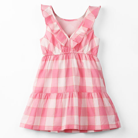 Pink Checked Frill Detailed Gold Lurex Dress