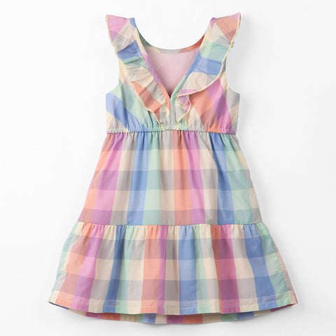 Colorful Checked Printed Frill Detailed Cotton Dress