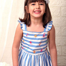 Load image into Gallery viewer, Blue Striped Printed With Embroidered Sleeveless Dress
