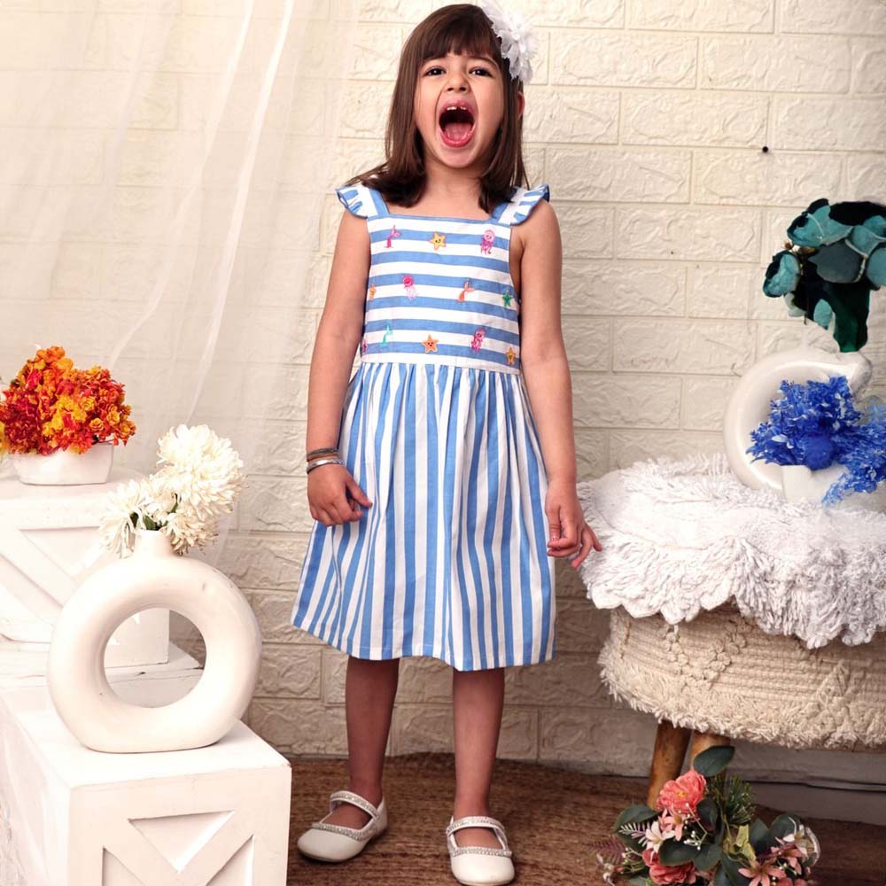 Blue Striped Printed With Embroidered Sleeveless Dress