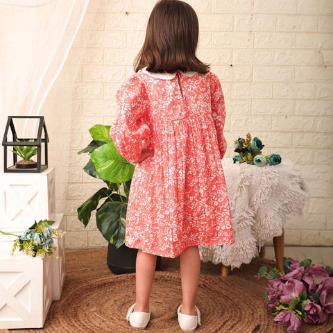 Red Floral Printed Smocked Cotton Dress