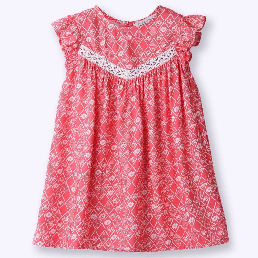 Coral Red Floral Printed Frill Sleeves Dress