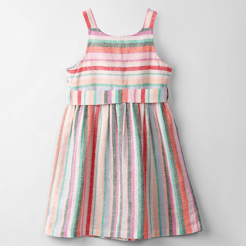 Multi Color Striped Printed Linen Dress With Belt