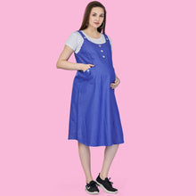 Load image into Gallery viewer, Blue Rayon Dungaree Nursing Maternity Dress
