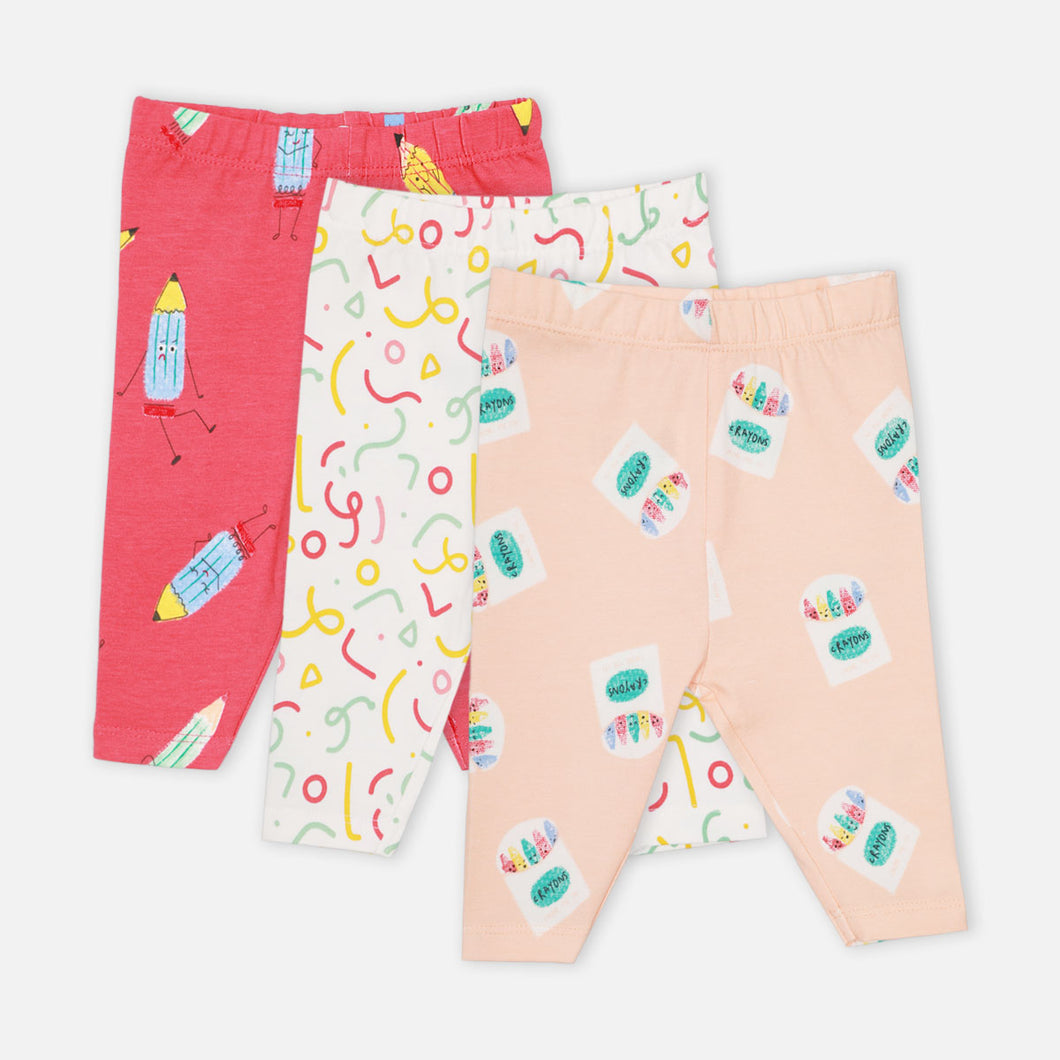 Pink Pencil Theme Cotton Leggings-Pack Of 3