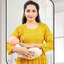 Load image into Gallery viewer, Yellow Full Sleeves Printed Nursing Maternity Dress
