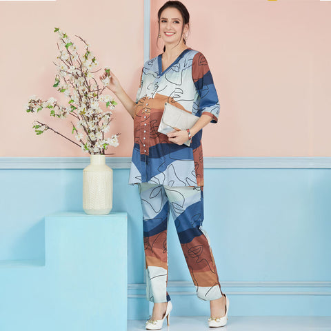 Blue Rayon Printed Nursing Maternity Co-Ord Set