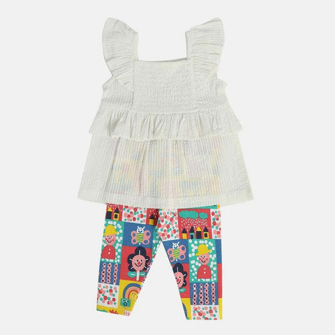 White Smocked Cotton Top With Colorful Leggings