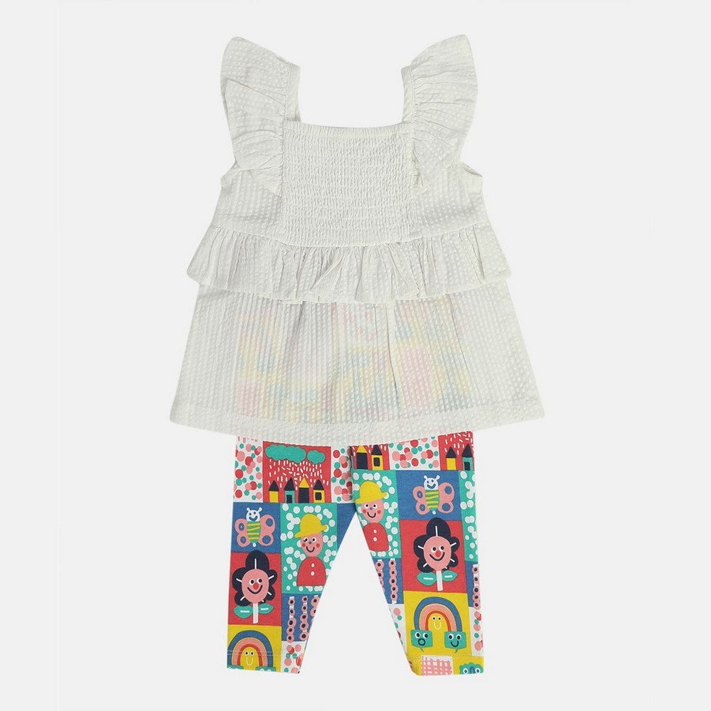 White Smocked Cotton Top With Colorful Leggings
