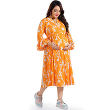 Load image into Gallery viewer, Green &amp; Orange Tropical Printed Box Pleated Nursing Maternity Dress
