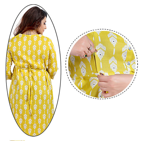 Yellow Pleated Cotton Nursing Maternity Dress