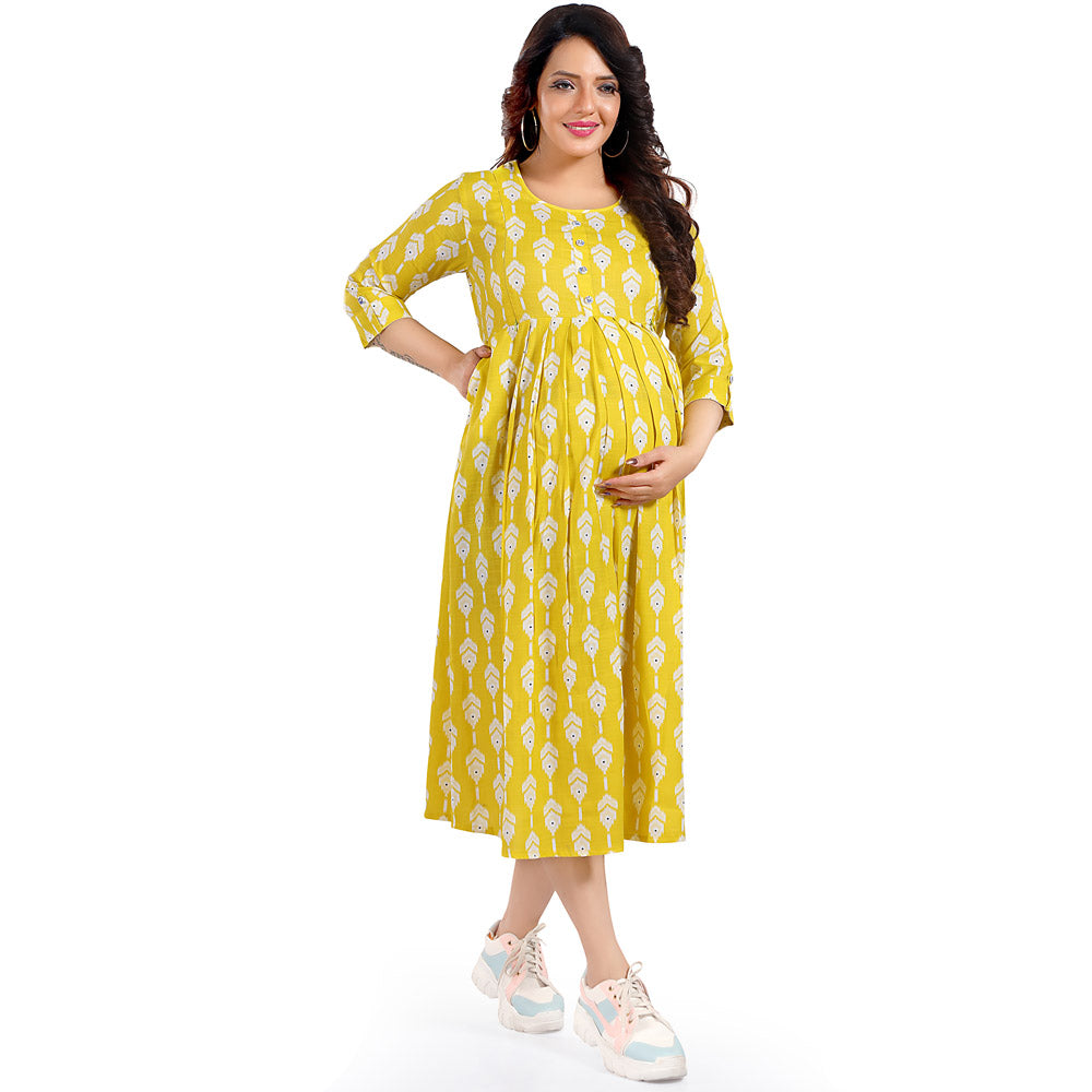 Yellow Pleated Cotton Nursing Maternity Dress
