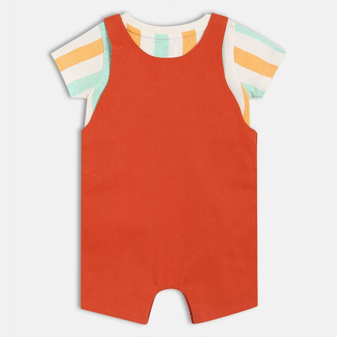 Red Dungaree With Colorful Striped Half Sleeves T-Shirt