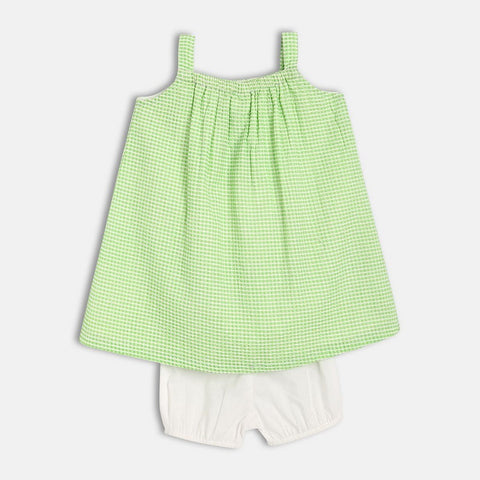 Green Checked Sleeveless Dress With Bloomer