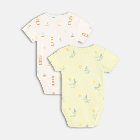 White Boat Printed Half Sleeves Onesie - Pack Of 2