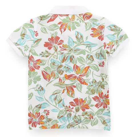 White Tropical Printed Polo T-Shirt