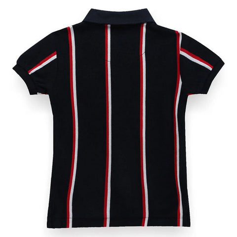 Navy Blue Vertical Striped Cotton Polo T-Shirt