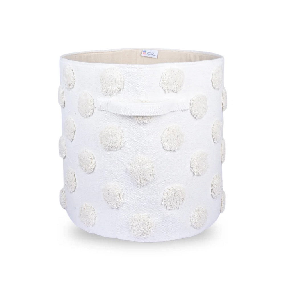 Pom Pom Round Beige Toy Storage Basket
