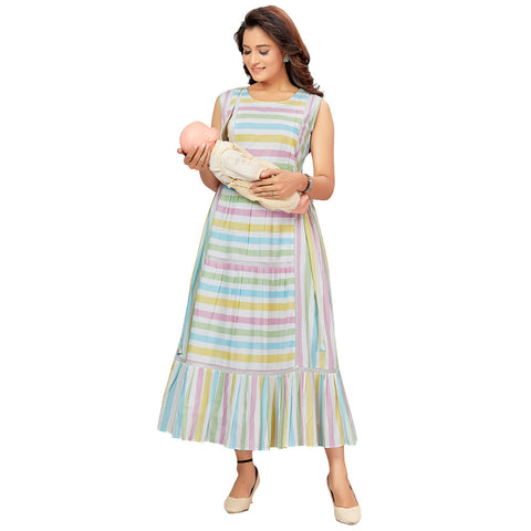 White Striped Printed Nursing Maternity Dress