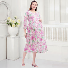 Load image into Gallery viewer, Purple Tropical Printed Nursing Maternity Dress
