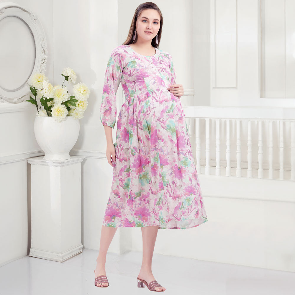 Purple Tropical Printed Nursing Maternity Dress