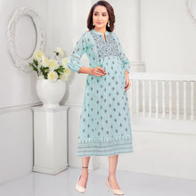 Load image into Gallery viewer, Blue Embroidered Nursing Maternity Cotton Dress
