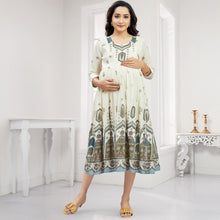 Load image into Gallery viewer, Cream Full Sleeves Round Neck Nursing Maternity Dress
