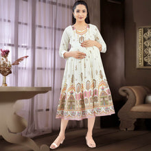 Load image into Gallery viewer, Cream Full Sleeves Round Neck Nursing Maternity Dress
