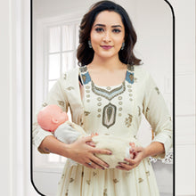 Load image into Gallery viewer, Cream Full Sleeves Round Neck Nursing Maternity Dress
