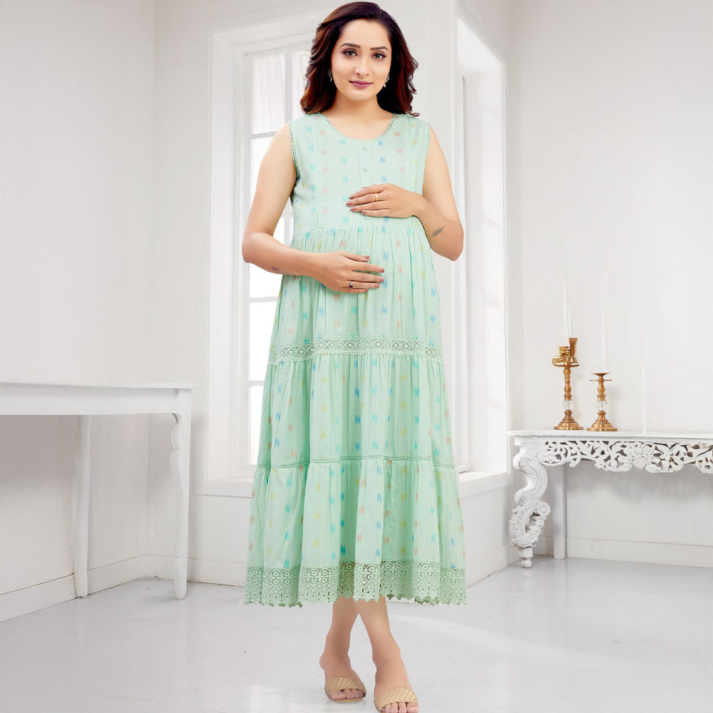 Yellow & Pista Geometric Printed Half Sleeves Nursing Maternity Cotton Dress
