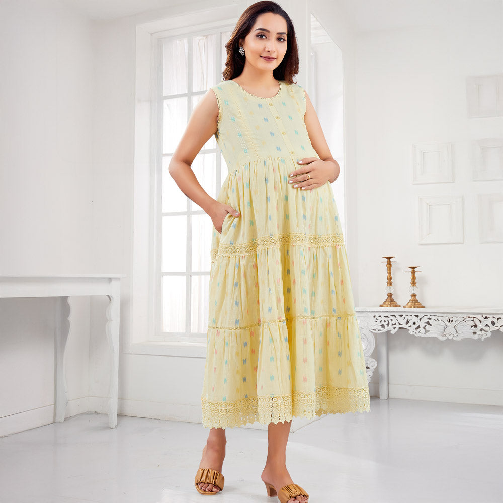 Yellow & Pista Geometric Printed Half Sleeves Nursing Maternity Cotton Dress