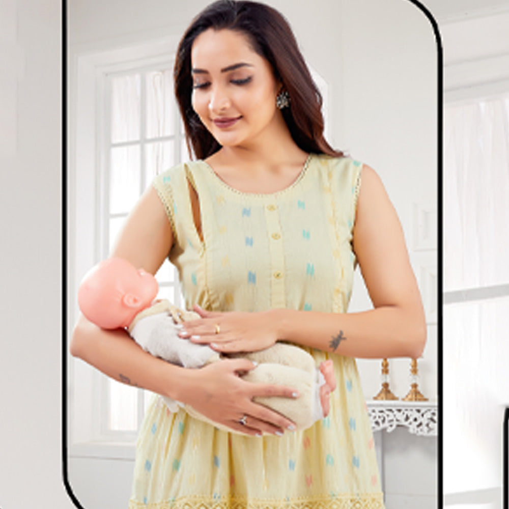Yellow & Pista Geometric Printed Half Sleeves Nursing Maternity Cotton Dress