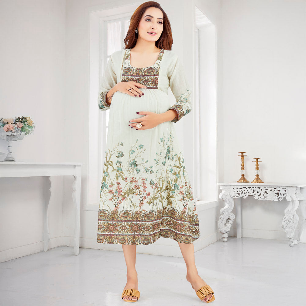 Cream Full Sleeves Nursing Maternity Cotton Dress