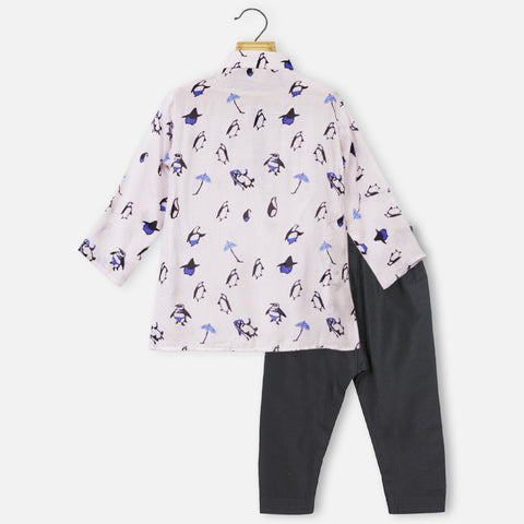 Pastel Penguin Theme Kurta With Black Pajama